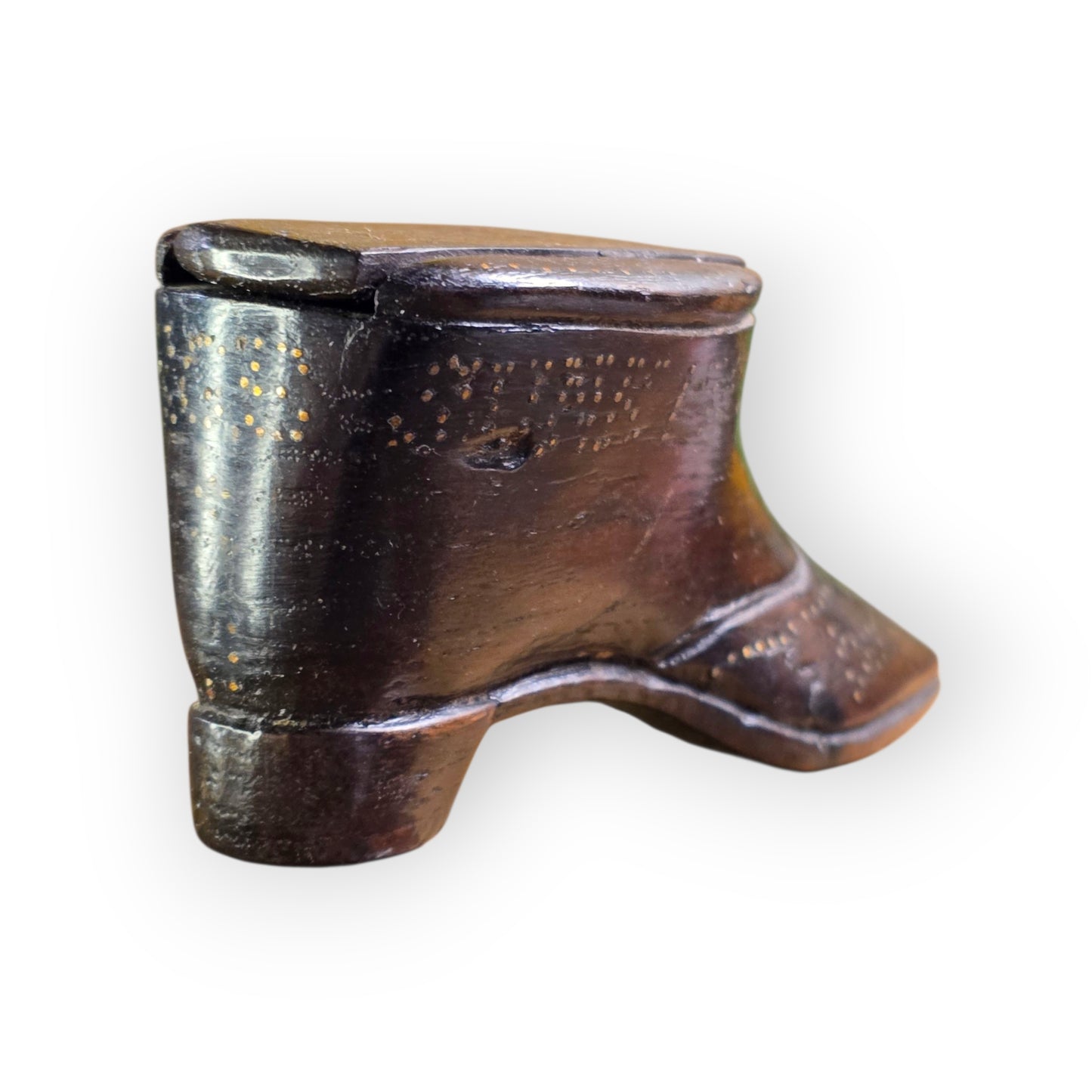 HMS Royal George - Sank 1782 - A Late 18th-Century English Antique Treen Carved Snuff Box Made From Ships Timbers in the Form of a Shoe / Snuff Shoe