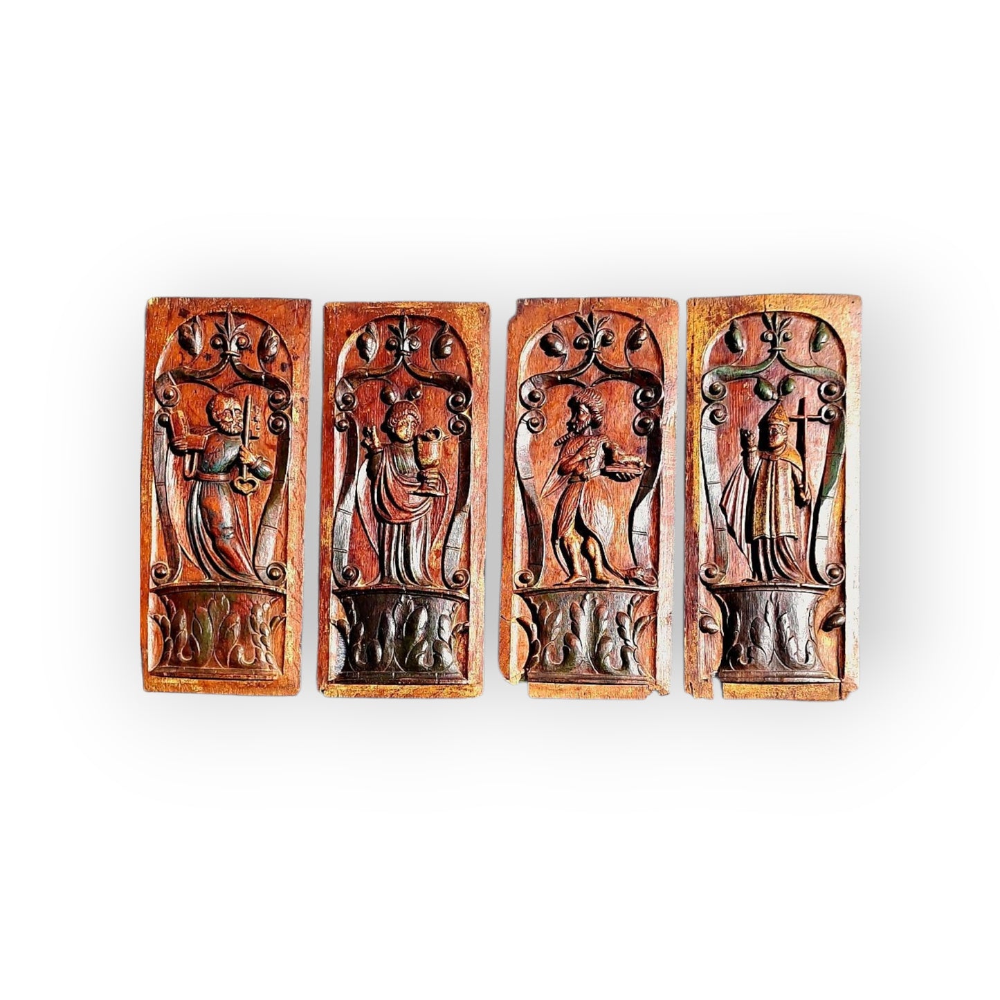 A Fine & Rare Set of Four Large 16th-Century Renaissance Antique Carved Oak Panels in Original Polychrome