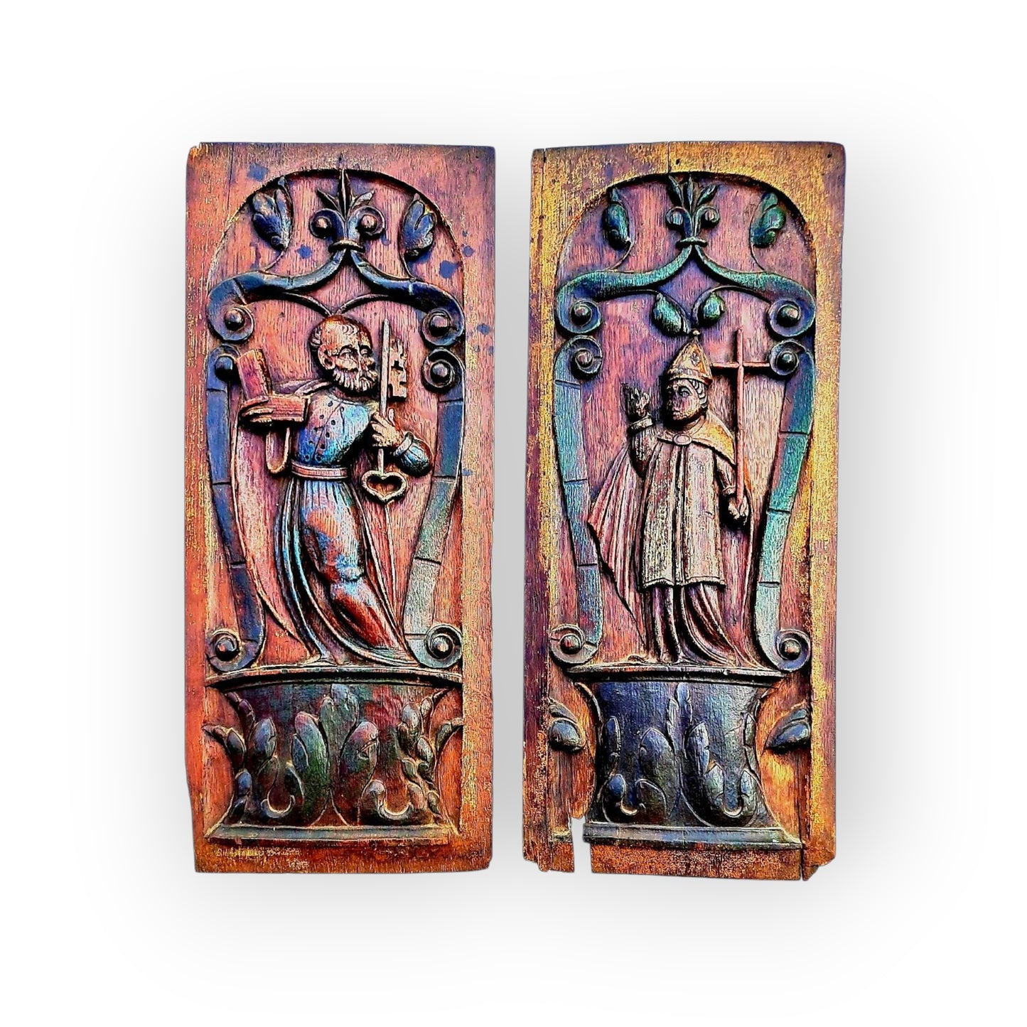 A Fine & Rare Set of Four Large 16th-Century Renaissance Antique Carved Oak Panels in Original Polychrome