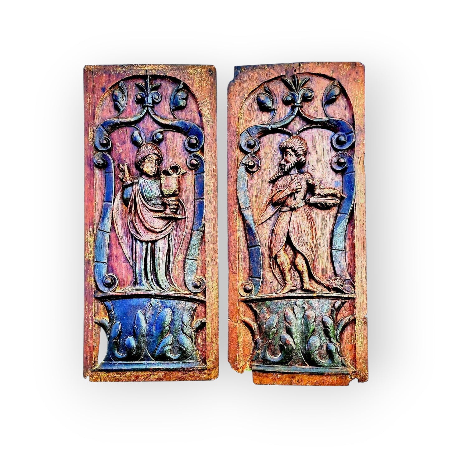 A Fine & Rare Set of Four Large 16th-Century Renaissance Antique Carved Oak Panels in Original Polychrome