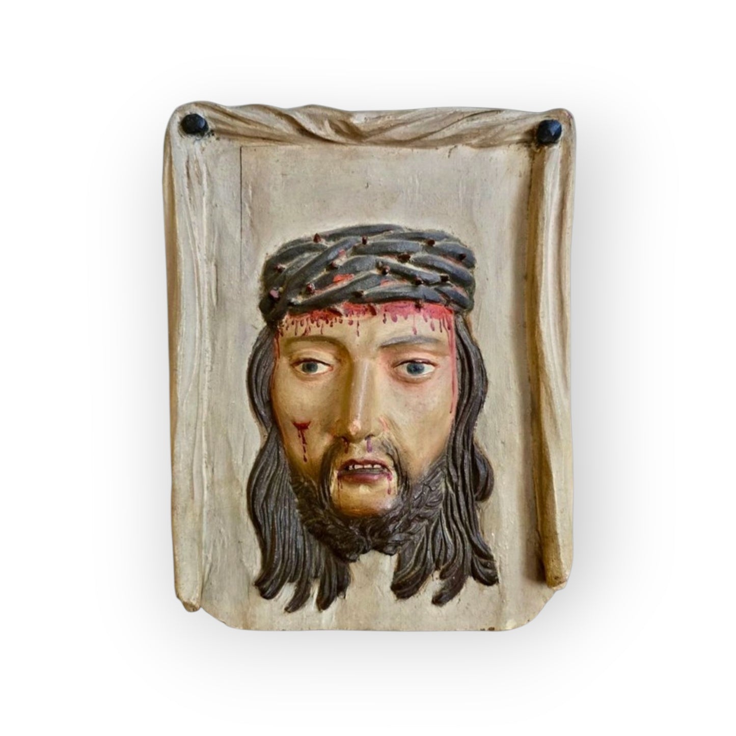 Expressive 18th‑Century Tyrolean/Bavarian Antique Polychrome Carved Wood Panel Relief of Christ Crowned with Thorns (Ecce Homo)