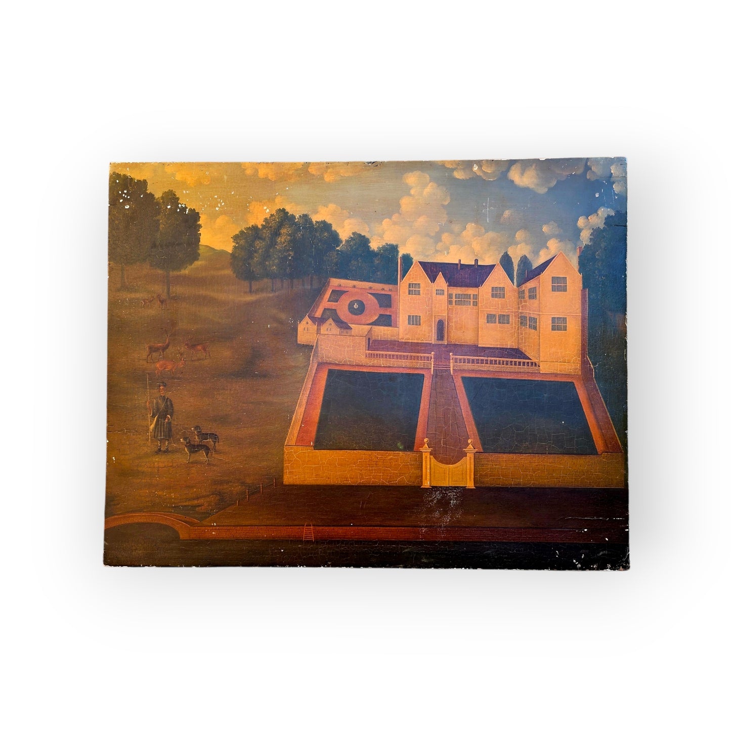 Naive 18th-Century Style Primitive Antique Painting of a Country House