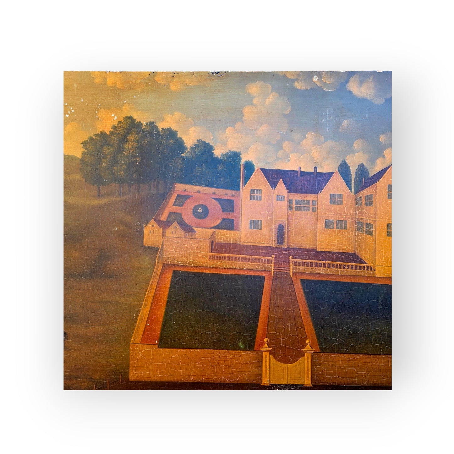 Naive 18th-Century Style Primitive Antique Painting of a Country House