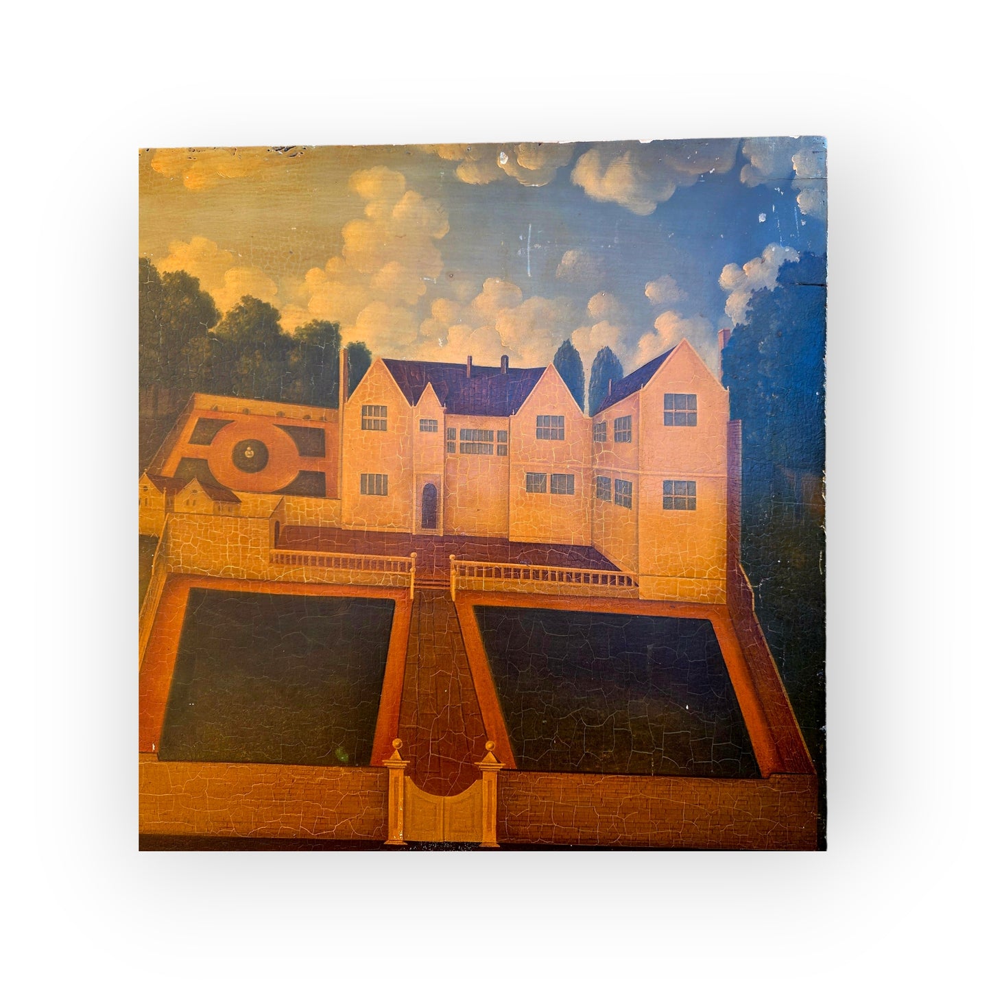 Naive 18th-Century Style Primitive Antique Painting of a Country House