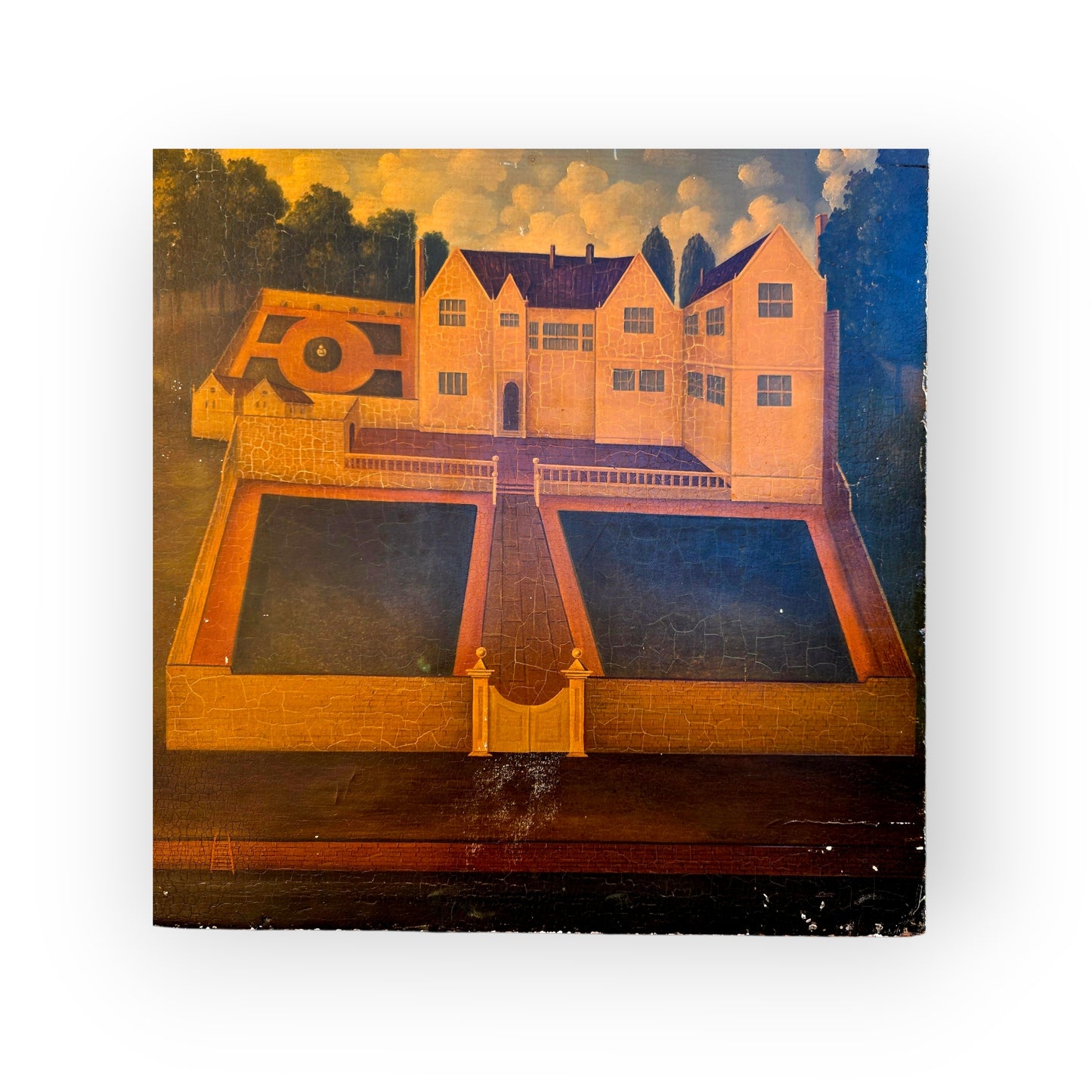 Naive 18th-Century Style Primitive Antique Painting of a Country House