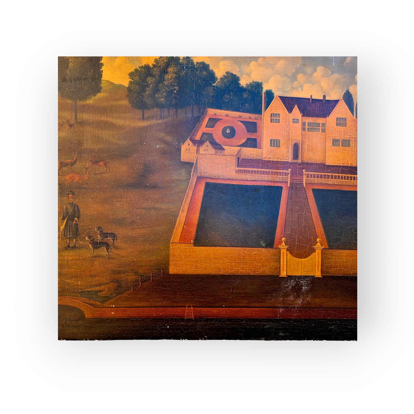 Naive 18th-Century Style Primitive Antique Painting of a Country House