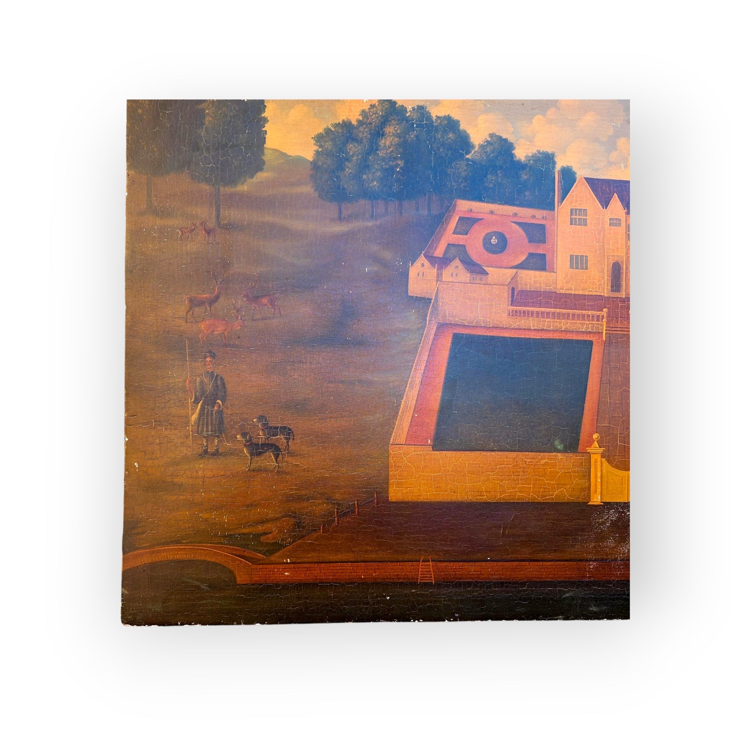 Naive 18th-Century Style Primitive Antique Painting of a Country House