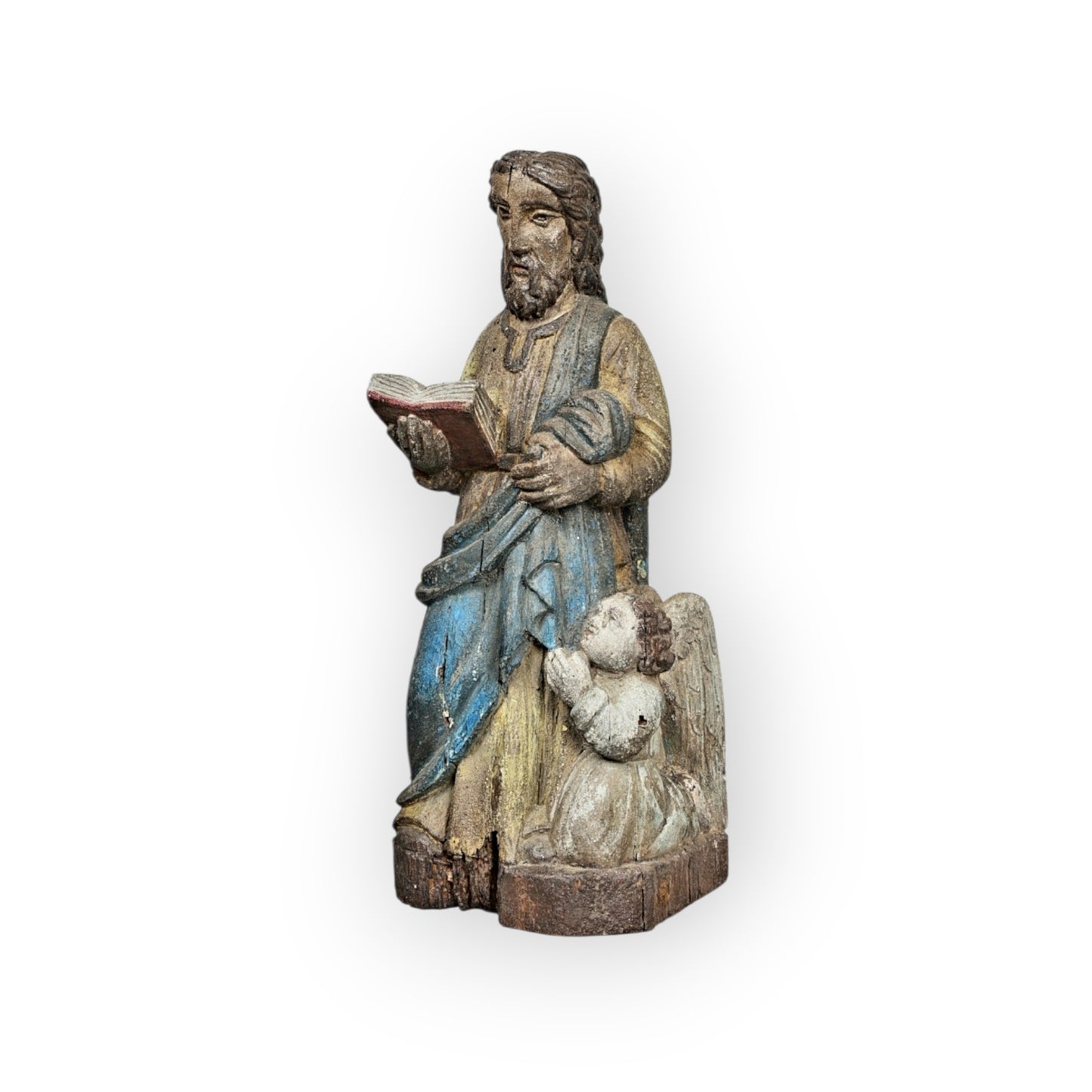 A Late 17th Century Baroque Period Antique Carved Wooden Sculpture of Christ With a Praying Angel in Original Polychrome