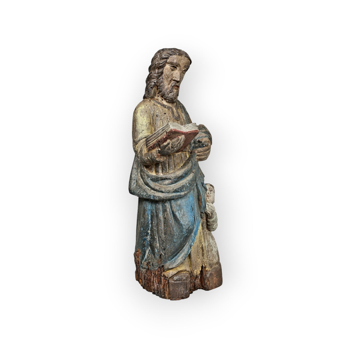 A Late 17th Century Baroque Period Antique Carved Wooden Sculpture of Christ With a Praying Angel in Original Polychrome