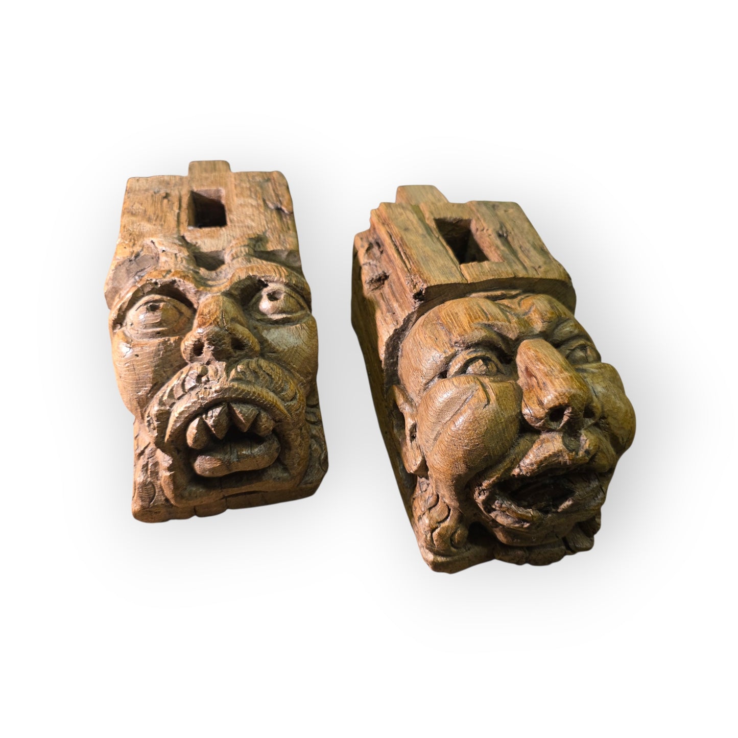 Pair of 15th-century Antique Carved Oak Corbels / Beam Supports Depicting The Devil & The Sinner