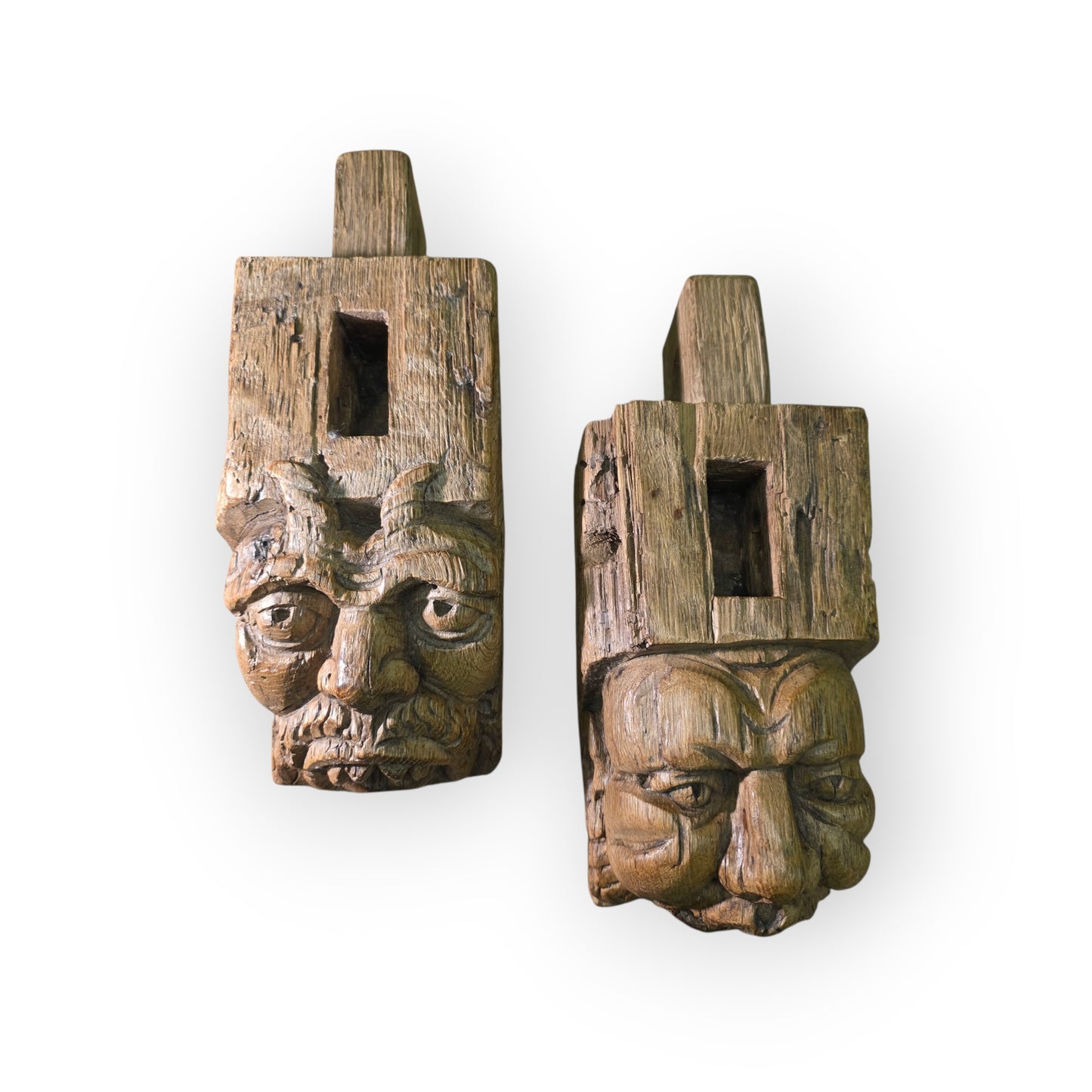 Pair of 15th-century Antique Carved Oak Corbels / Beam Supports Depicting The Devil & The Sinner