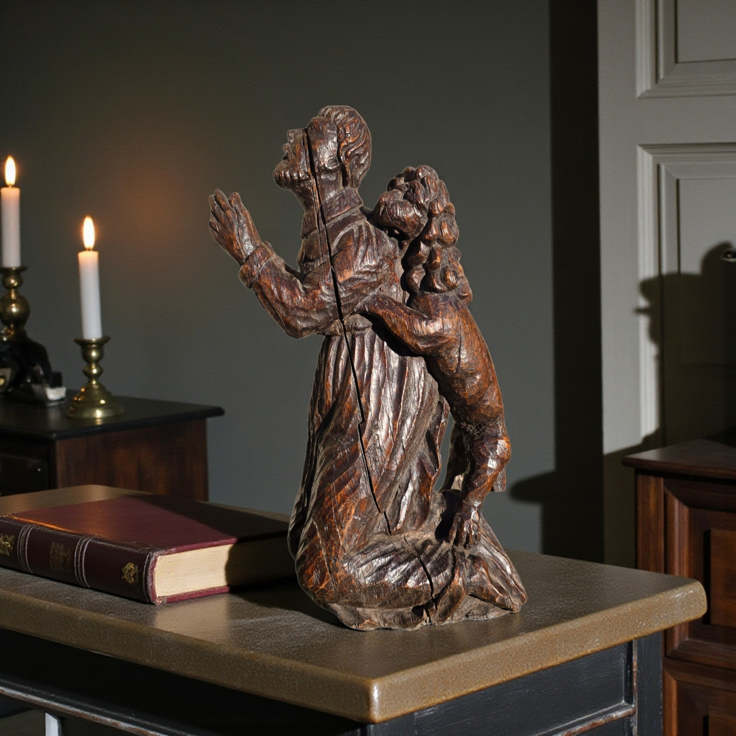 Early 16th-Century Gothic Antique Carved Oak Sculpture Of Saint Jerome