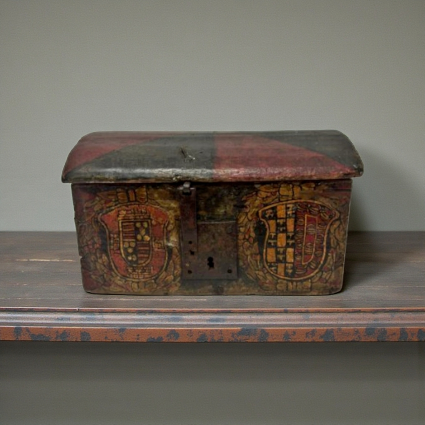 Early 16th Century Spanish / Iberian Antique Table Top Wedding Chest / Dowry Chest Bearing Two Noble Families Coats of Arms