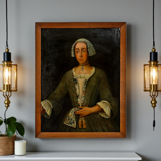 Naive 18th‑Century Antique Portrait of a Lady – Oil on Canvas