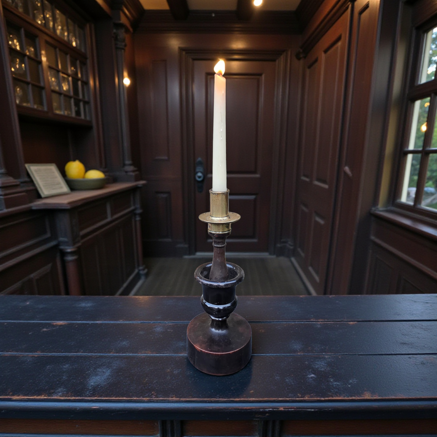 Rare 18th-Century Italian Carved Wood & Brass Candlestick