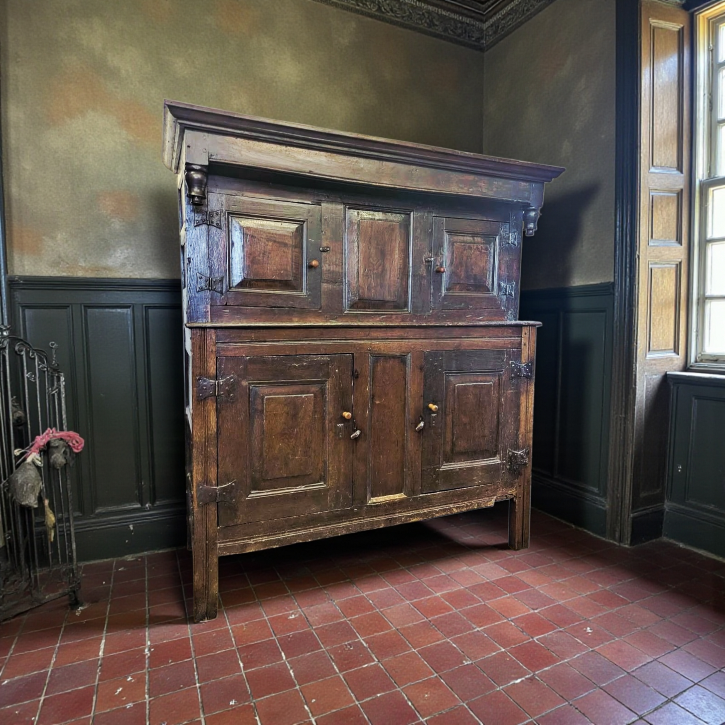 17th-Century English Antique Oak Court Cupboard of Small Proportions with Original Iron Butterfly Hinges