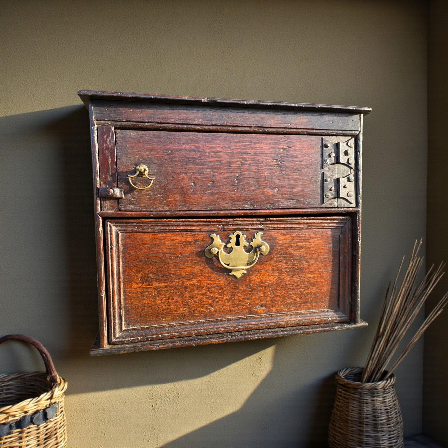 A Small Early 18th-Century English Antique Oak Spice Cupboard of Unusual Form