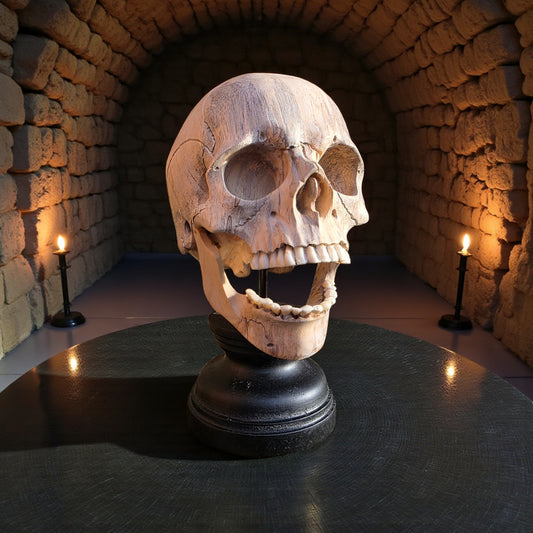 17th-Century Style Carved Wooden Memento Mori Skull on a Turned Ebonised Base