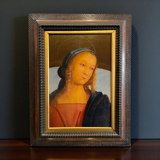 19th‑Century Italian School Antique Oil on Canvas Portrait, After Pietro Perugino (c.1446–1523) – The Madonna as a Head & Shoulders Portrait After The Original Titled "The Madonna Between St. John and St. Sebastian," Circa 1493