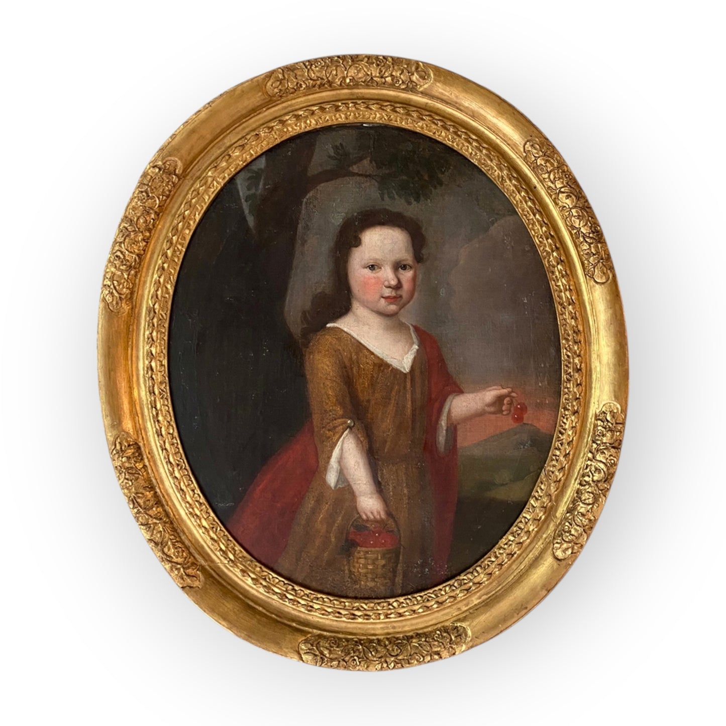 Late 17th Century / Early 18th Century English School Antique Oil on Canvas Portrait Depicting a Young Girl with Cherries, Circa 1700