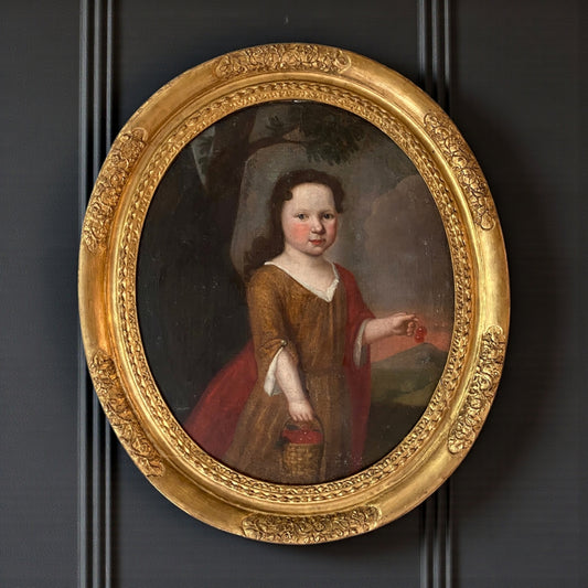Late 17th Century / Early 18th Century English School Antique Oil on Canvas Portrait Depicting a Young Girl with Cherries, Circa 1700