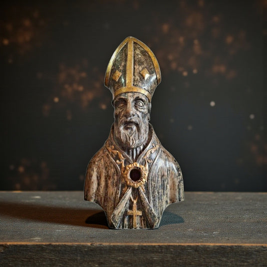 Large 17th‑Century Italian Antique Reliquary Bust of Saint Nicholas – Carved Wooden Sculpture with Silver & Gold Gilding