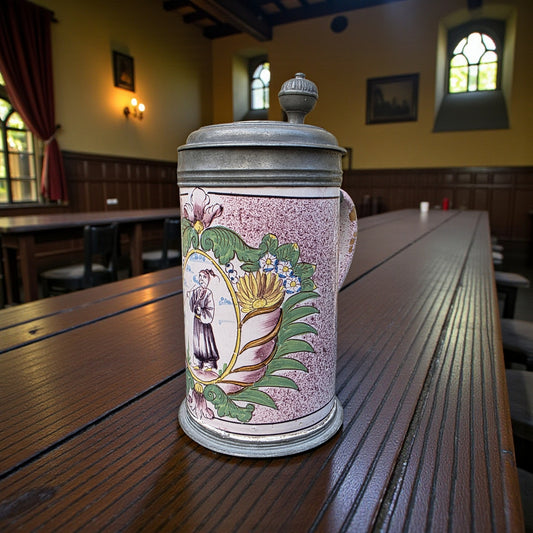 18th‑Century Antique Faience / Tin-Glazed Earthenware Tankard – Lid Inlaid with a Medal of Louis XV