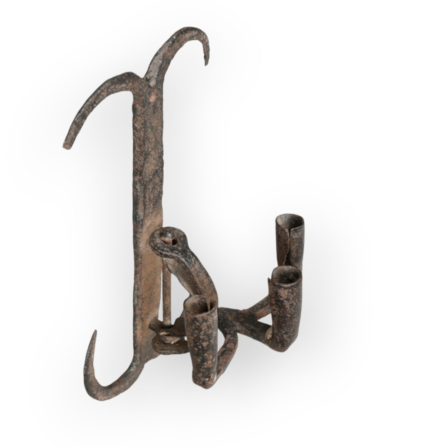 Rare 17th-Century English Antique Wrought Iron Three-Branch Adjustable Candleholder / Wall Sconce