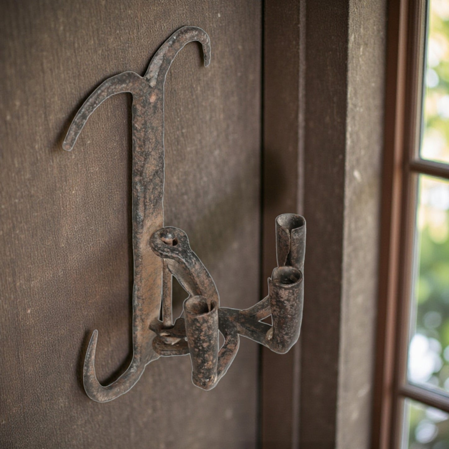 Rare 17th-Century English Antique Wrought Iron Three-Branch Adjustable Candleholder / Wall Sconce