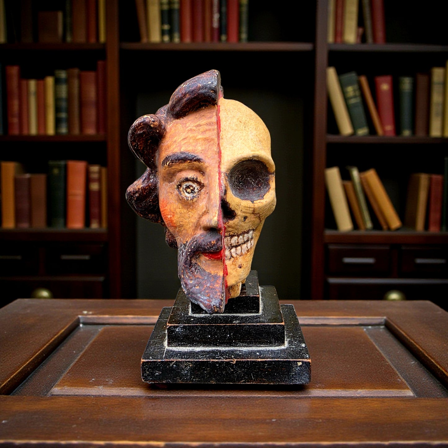 A Striking 18th Century Italian Antique Memento Mori Bust – Life & Death Duality Wooden Carved Sculpture on an Ebonised Plinth
