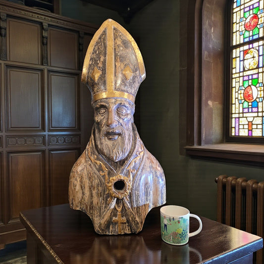 Large 17th‑Century Italian Antique Reliquary Bust of Saint Nicholas – Carved Wooden Sculpture with Silver & Gold Gilding