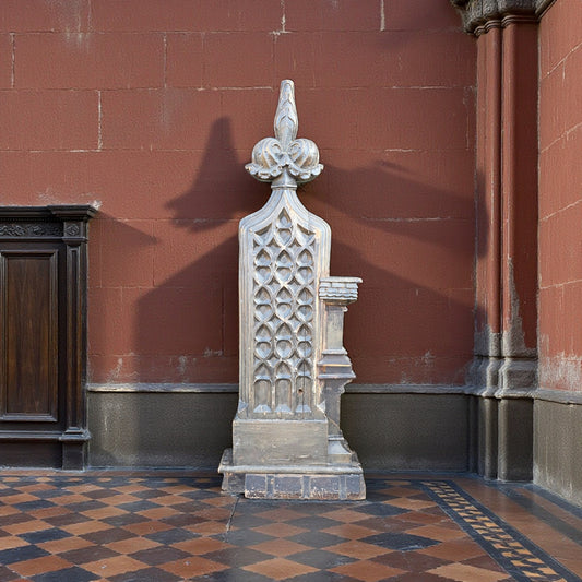 19th‑Century Gothic Revival English Antique Carved Oak Pew End / Bench End with Blind Tracery & Poppy Finial
