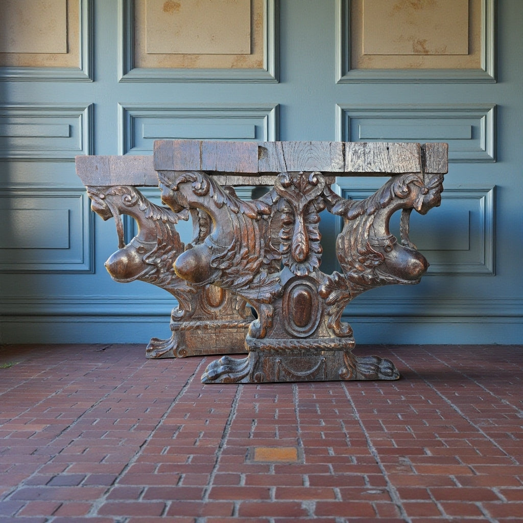 Pair of Large 17th-Century Sculptural Italian Antique Carved Oak Furniture Supports