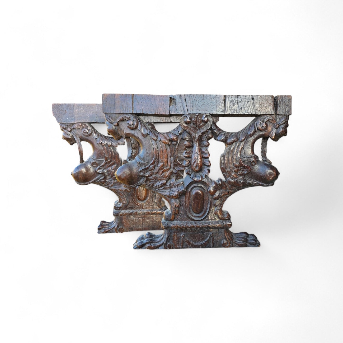 Pair of Large 17th-Century Sculptural Italian Antique Carved Oak Furniture Supports