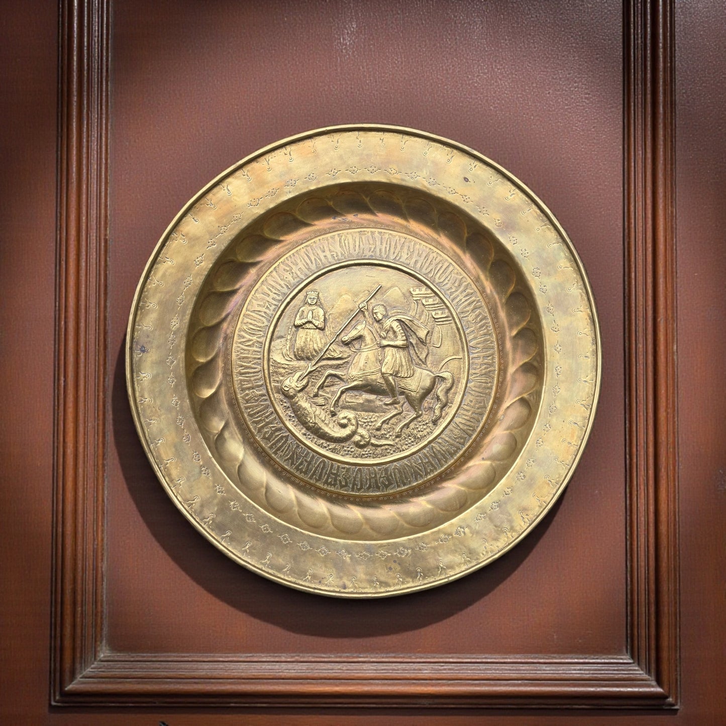 Large 19th‑Century Antique Brass Charger / Alms Dish in the 16th‑Century Style – Saint George Slaying the Dragon