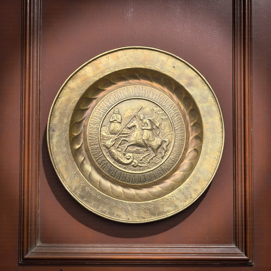 Large 19th‑Century Antique Brass Charger / Alms Dish in the 16th‑Century Style – Saint George Slaying the Dragon