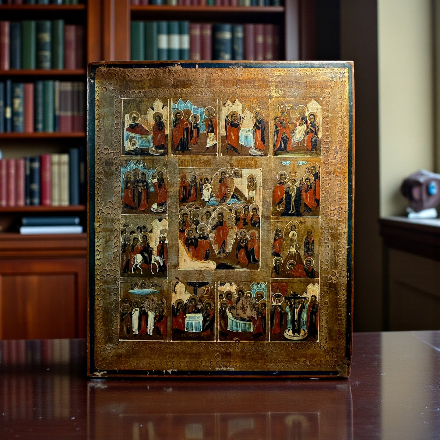 19th Century Russian Orthodox Antique Feast‑Day Icon – Twelve Great Liturgical Feasts