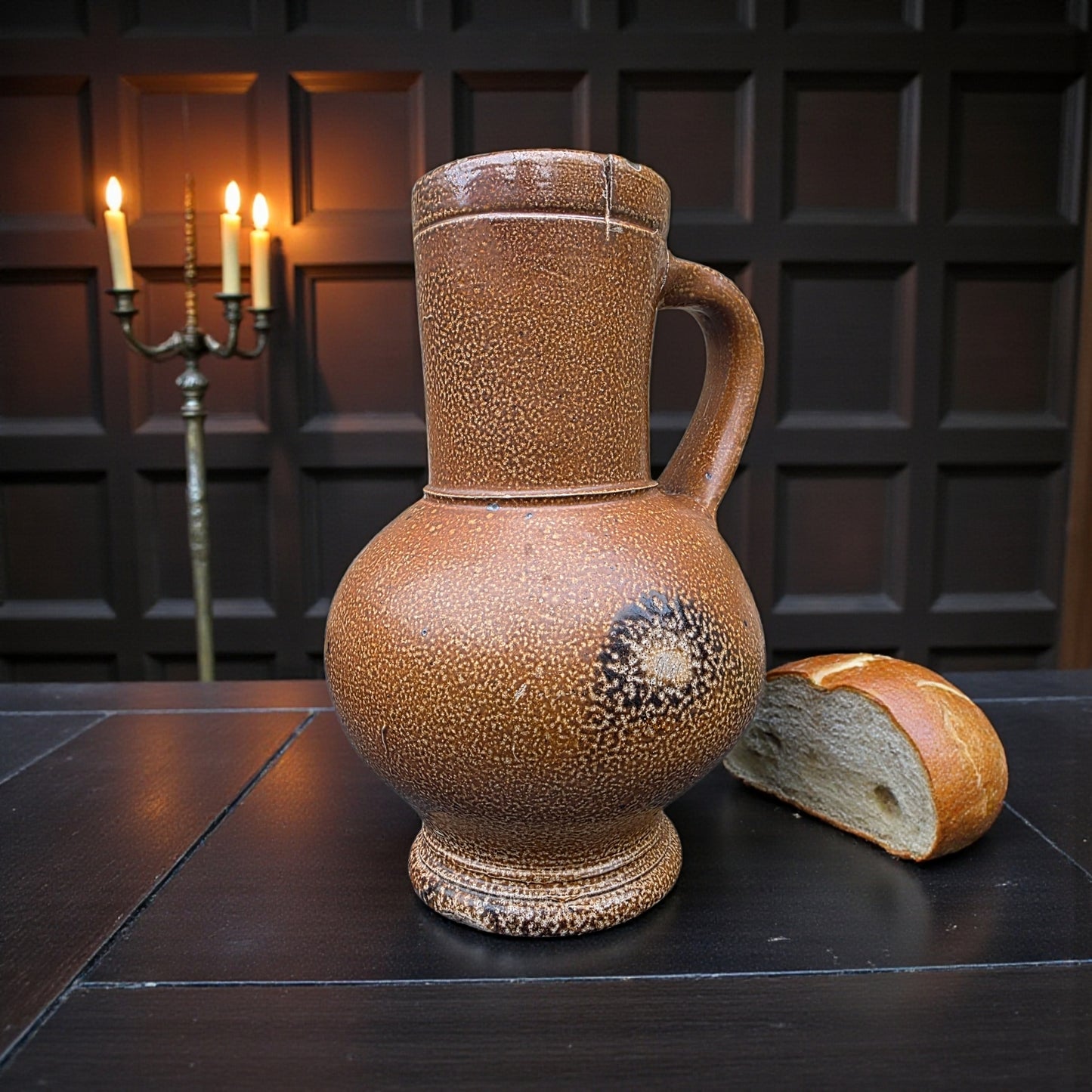 16th-Century English Antique Salt-Glazed Stoneware Flagon, Circa 1540-1580