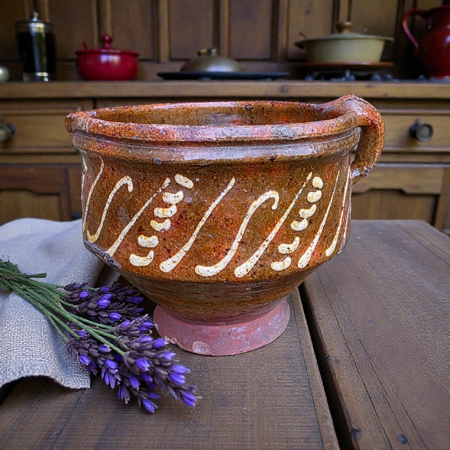 A Rare 17th‑Century English Antique Slipware Pouring Bowl with Spout, c.1650–1700