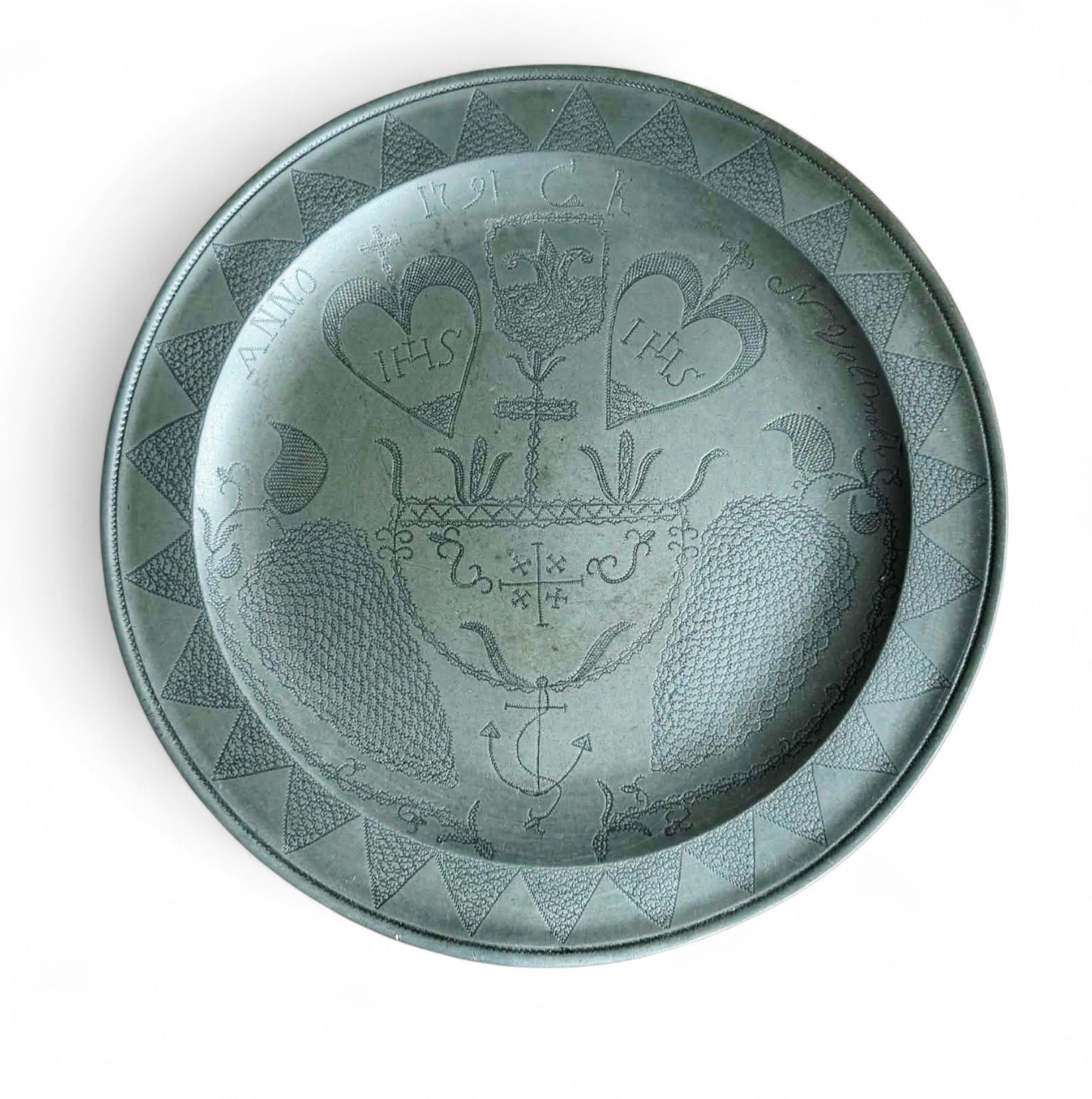 Late 18th‑Century English Antique Pewter Wriggle-Work Decorated Charger by Christopher Perry of London, Dated 1791