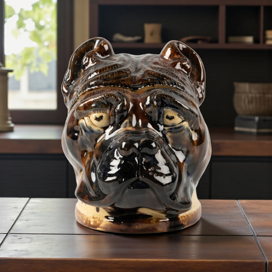 Large, Late 19th‑Century Antique Höganäs Pottery Majolica Tobacco Jar in the Form of a Bulldog’s Head