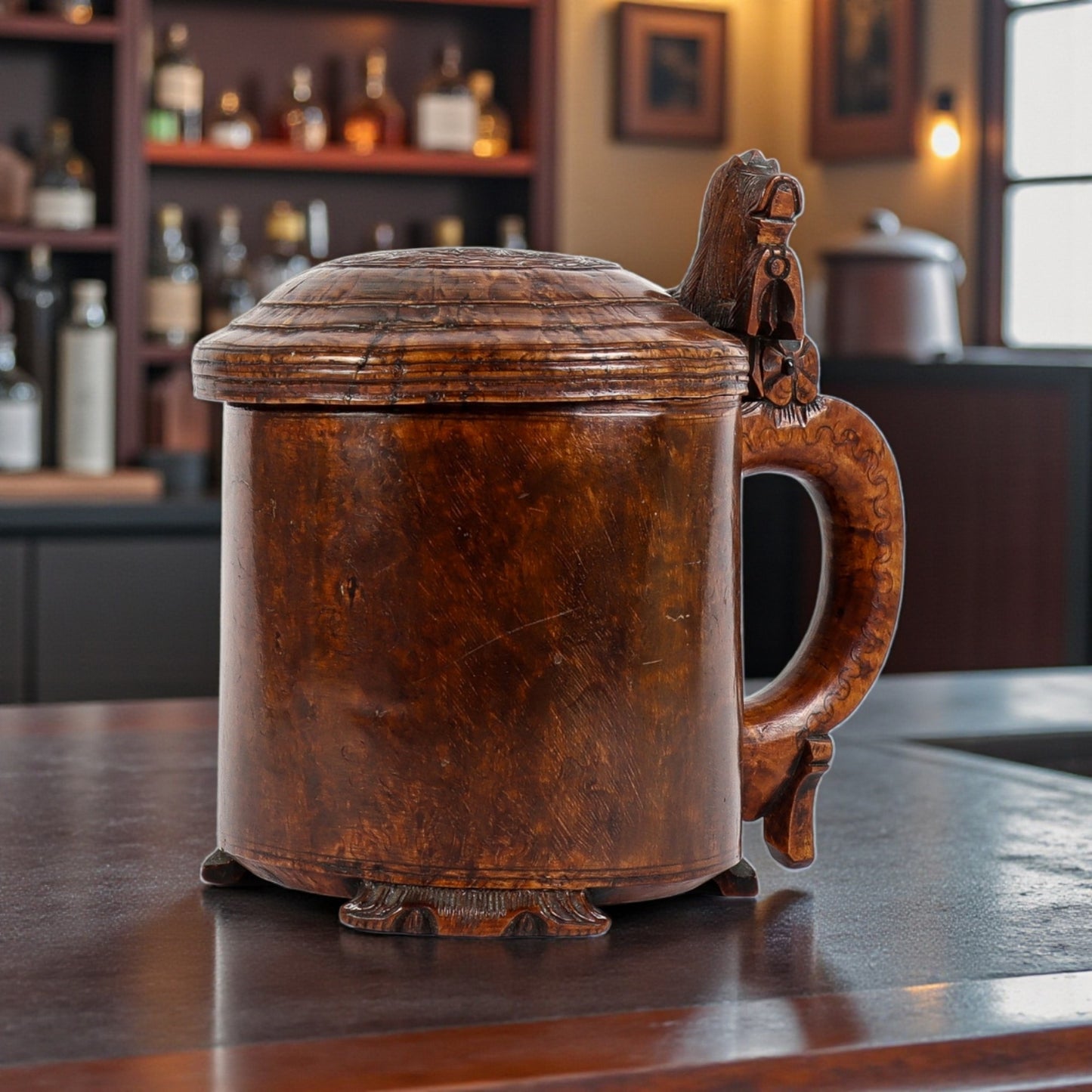 Large Mid‑18th‑Century Norwegian Antique Pegged Birchwood Tankard with Lion‑Form Thumb Grip