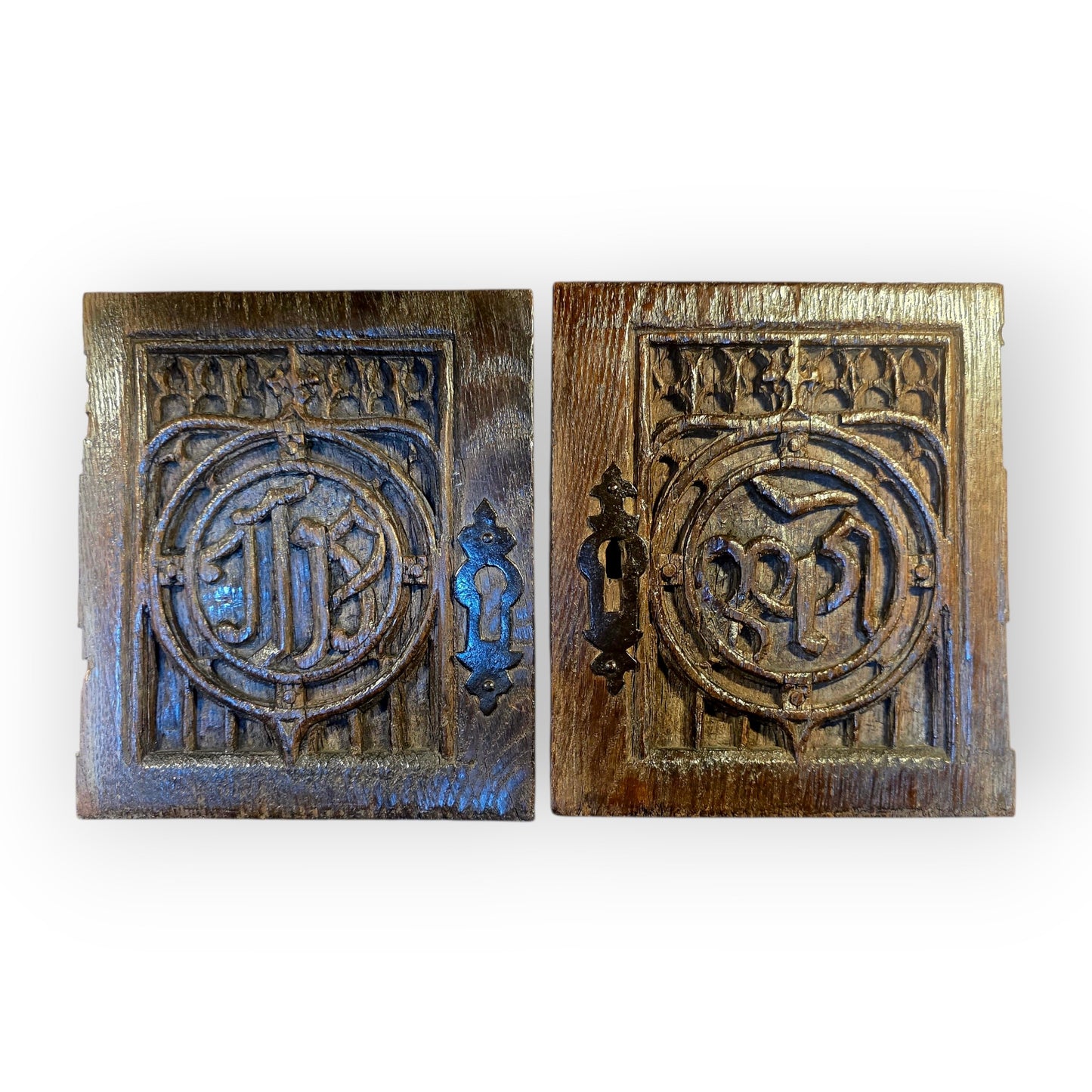 Pair of 15th‑Century Gothic Carved Oak Door Panels with Christogram & Marian Monogram