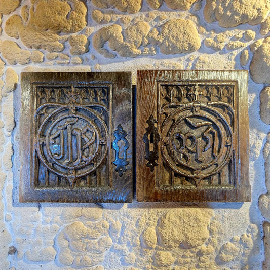 Pair of 15th‑Century Gothic Carved Oak Door Panels with Christogram & Marian Monogram