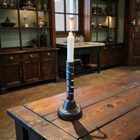 Late 18th‑Century Antique Iron Spiral Candlestick / Rat‑de‑Cave / Courting Candlestick with Manual Winder