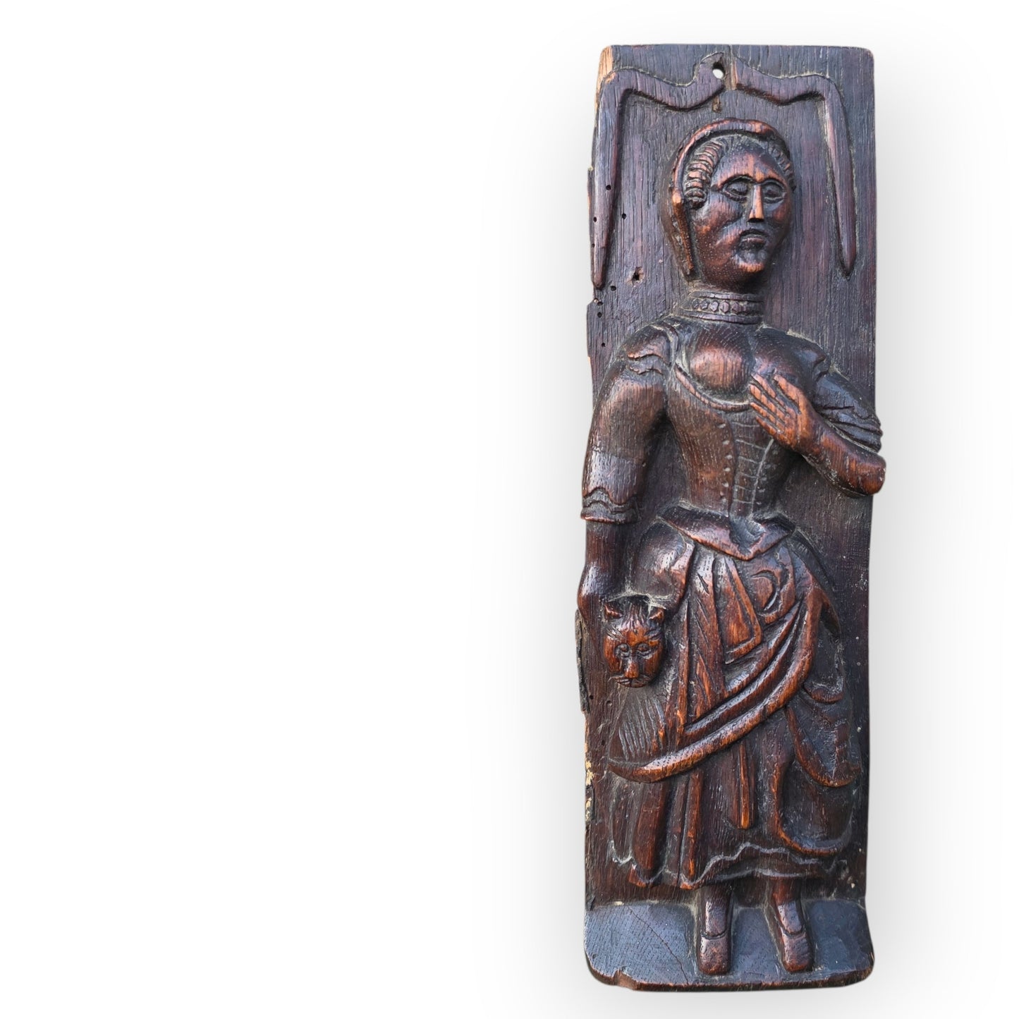 16th/17th‑Century Carved Oak Figural Panel – Depicting Fortitude With a Cat