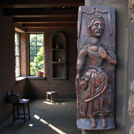 16th/17th‑Century Carved Oak Figural Panel – Depicting Fortitude With a Cat
