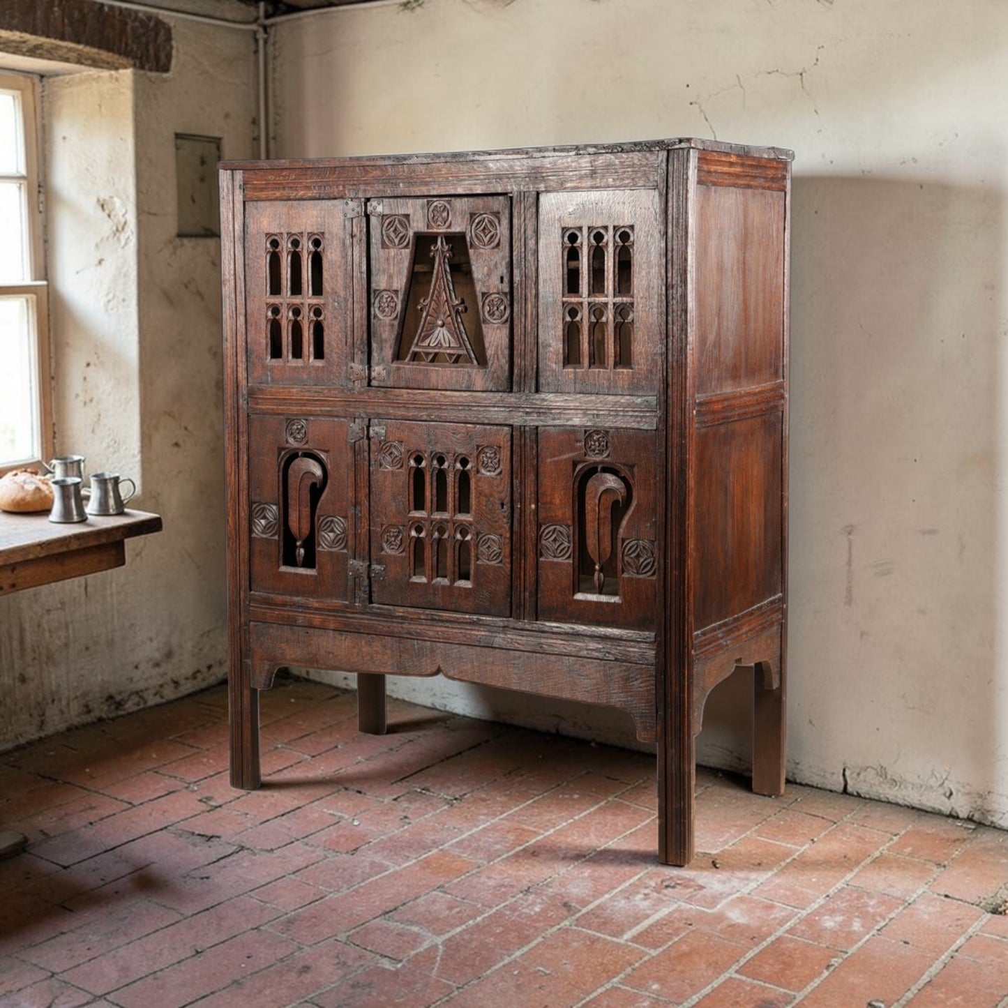 English Antique Oak Aumbry / Livery Cupboard Constructed From 16th Century Timbers
