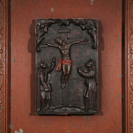 18th‑Century Carved Polychrome Panel Depicting Jesus Christ on the Cross Flanked by The Virgin Mary & Saint John the Evangelist