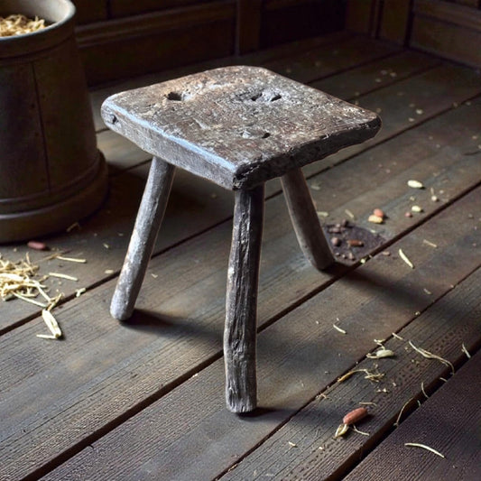 Late 18th-Century Primitive Welsh Antique Slab Top Three‑Legged Milking Stool